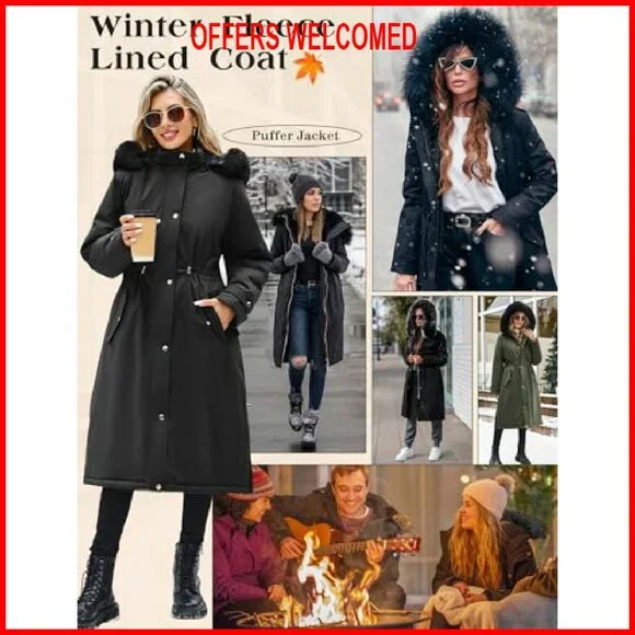 Long Puffer Winter Coat with Removable Fur Hood, Windproof Fleece Lining - Picture 6 of 8